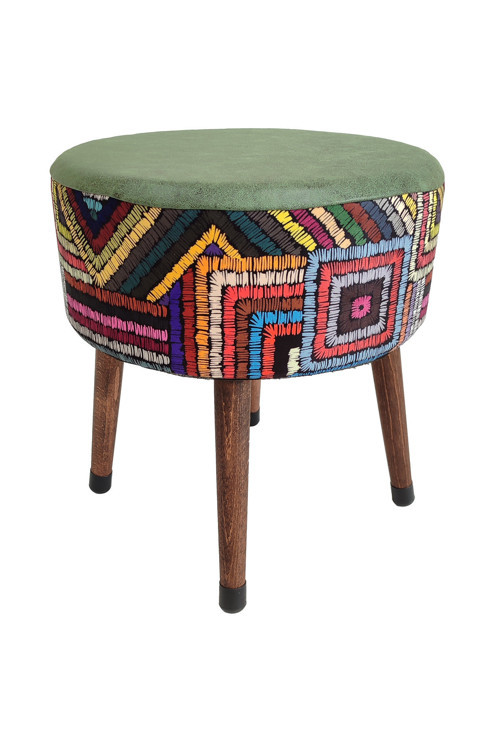 Etna Gökkuşağı Yeşil Renkli Puf – 38x43 cm | Gürgen Ahşap Ayaklı, El Yapımı Bohem Koltuk Bench