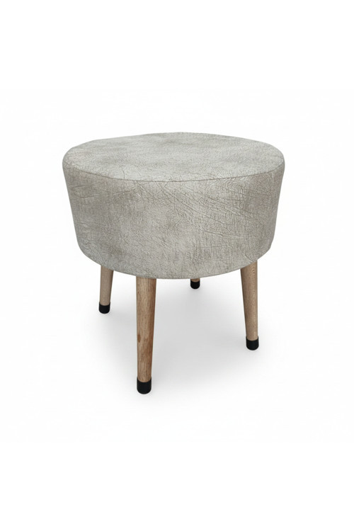 Masif Ahşap Ayaklı Modern Puf – Bej Kumaş Yuvarlak Tabure | 38x40 cm, Çok Amaçlı Kullanım