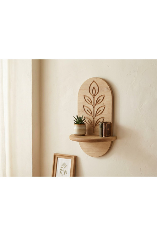Minimal Meşe Duvar Rafı 1 Kademe Gravür İşleme – 20x15 cm | İskandinav, MDF Ahşap Duvar Rafı