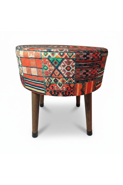 El Yapımı Anadolu Kilim Motifli Puf & Bench – Ahşap Ayaklı – 38x42 cm – Salon / Yatak Odası