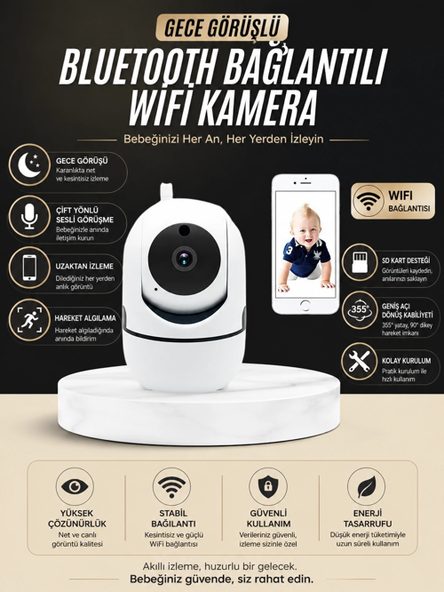 Bebek Takip Kamerası Gece Görüşlü Wifi Güvenlik Kamerası