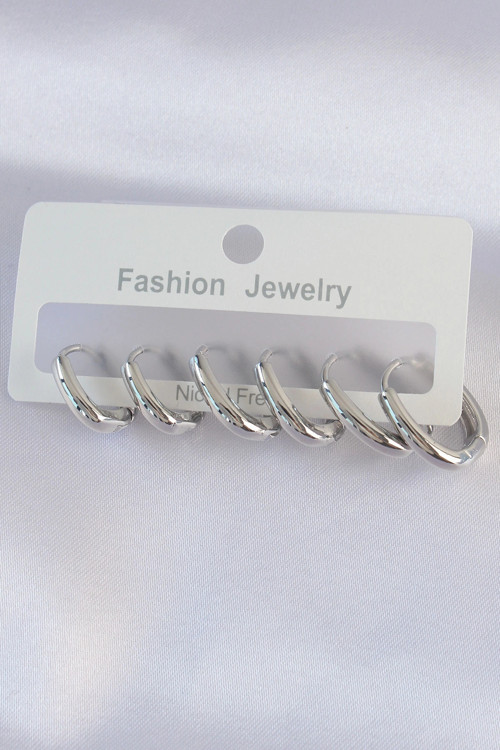 Pirinç Gümüş Renk Oval Küpe Seti 5886