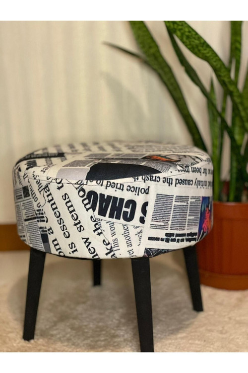 Dekoratif Puf Ahşap Ayaklı Gazete Desenli Siyah Ahşap Ayaklı Dayanıklı Puf & Bench 40x40x20cm
