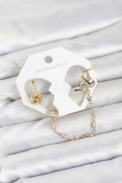 Pirinç Gold Renk Yılan Model Zincir Bağlantılı Ear Cuff Küpe Seti 5886