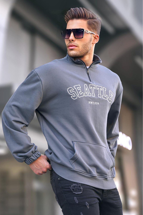Füme Fermuar Yakalı Nakışlı Sweatshirt 6026
