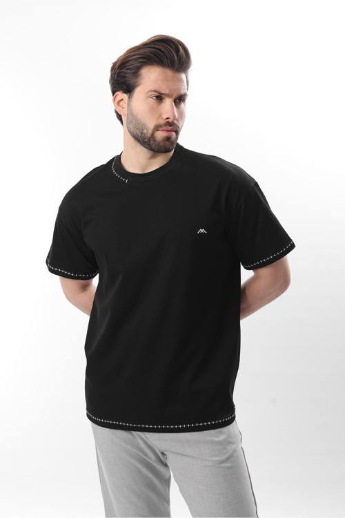 Siyah Nakış Detaylı Erkek T-Shirt E7112