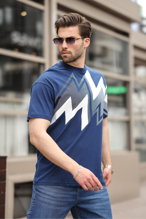 Lacivert Baskılı %100 Pamuk Erkek T-Shirt E7111
