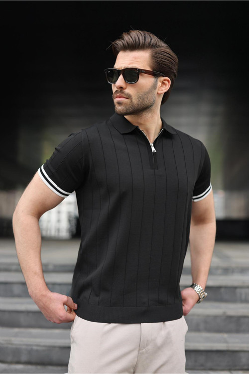 Erkek Siyah Polo Yaka Fermuarlı Tişört 6876