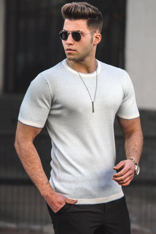 Erkek Mavi Triko T-Shirt 5098
