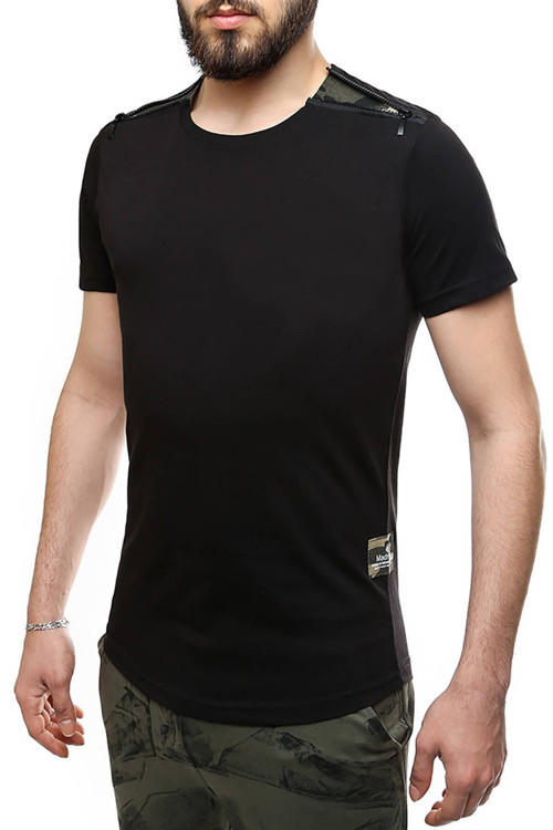 Omuz Fermuar Detaylı Siyah T-Shirt 2445