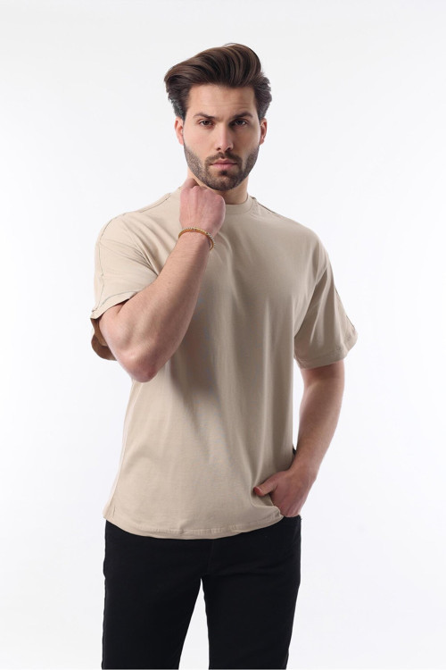 Erkek Vizon Oversize Şerit Detaylı Basic Tişört 7023
