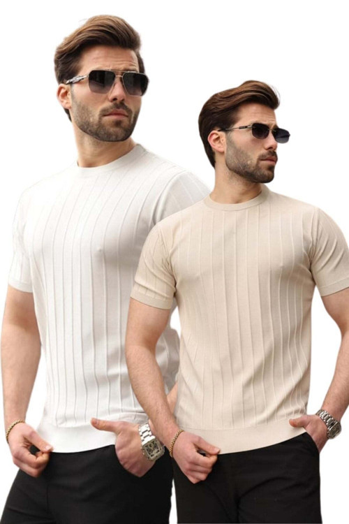Beyaz-Bej 2'Li Set Erkek Triko Tişört St5684