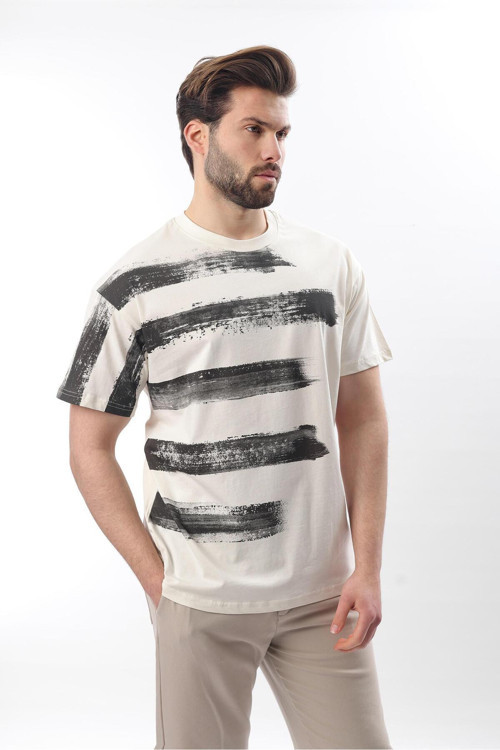 Ekru Baskılı Regular Fit Erkek T-Shirt E7107