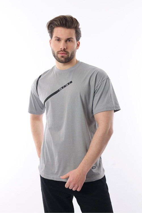 Boyalı Gri Bisiklet Yaka Şerit Detaylı Pamuklu Erkek T-Shirt E7033