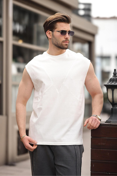 Ekru Kolsuz %100 Pamuklu Basic Erkek T-Shirt E7137