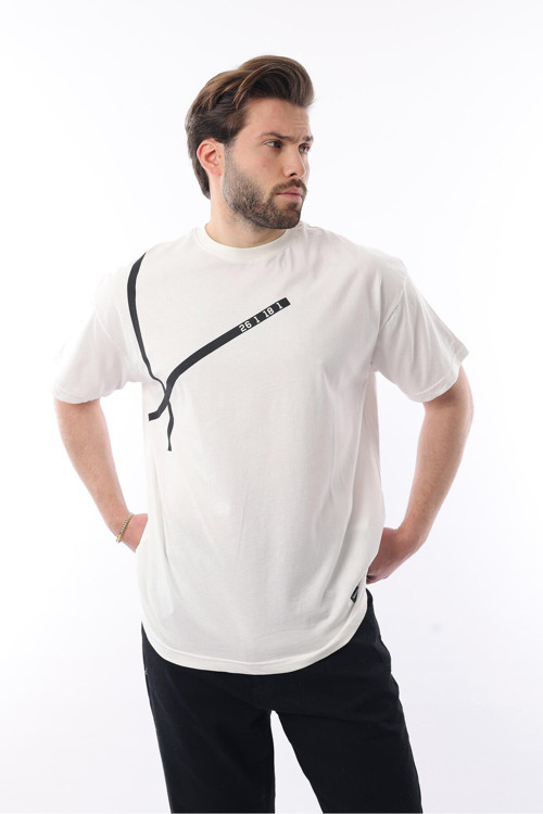 Ekru Bisiklet Yaka Şerit Detaylı Pamuklu Erkek T-Shirt E7033