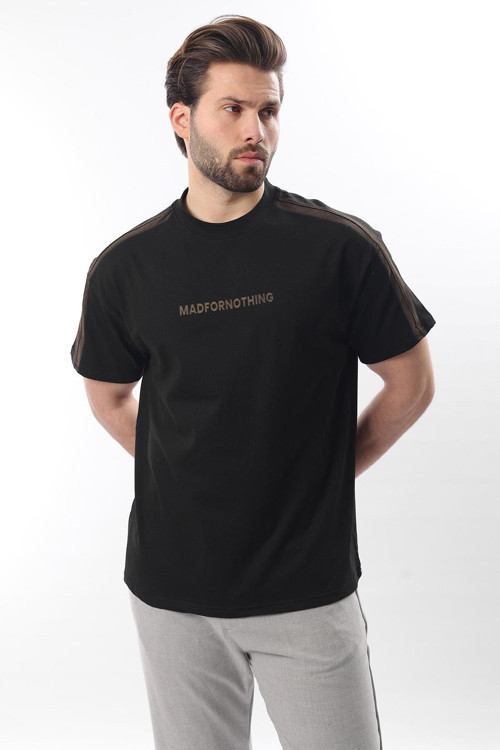Siyah Bisiklet Yaka Baskılı Erkek T-Shirt E7110