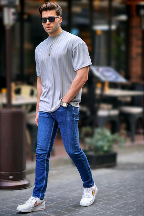 Boyalı Gri Erkek Çizgili Oversize Tişört 6198