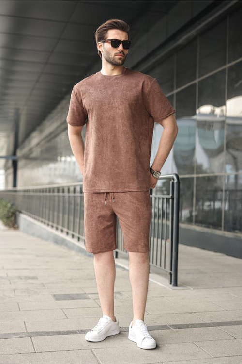 Kahverengi Batik Desenli Overfit Şort T-Shirt Takım E7357