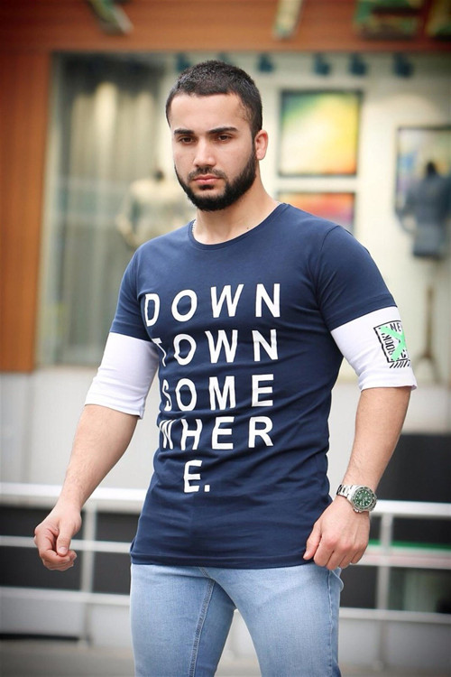 Baskılı Kol Detaylı Lacivert Tişört Mad4010