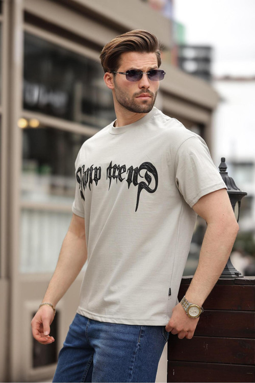 Boyalı Gri Baskılı %100 Pamuk Erkek T-Shirt E7141