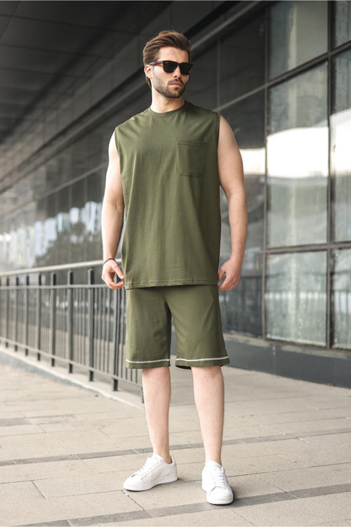Haki Bisiklet Yaka Kolsuz Erkek Şort T-Shirt Takım E7351