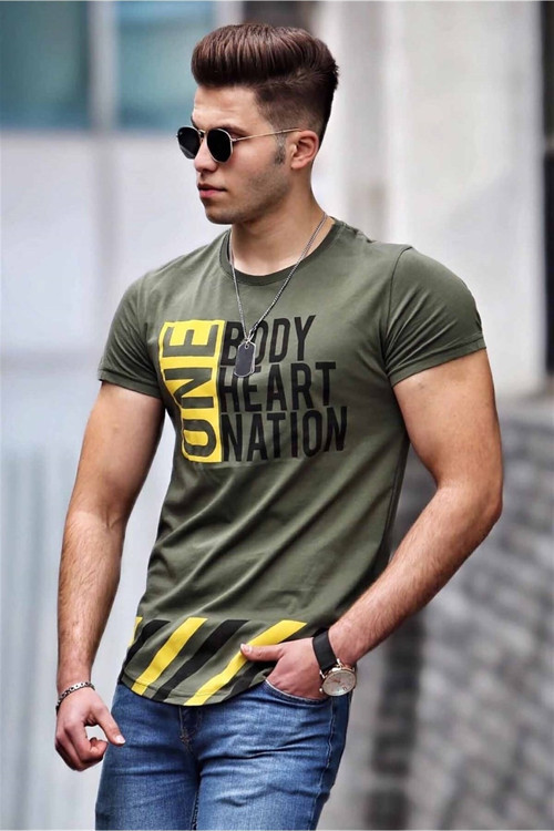 Baskılı Haki Tişört 3082