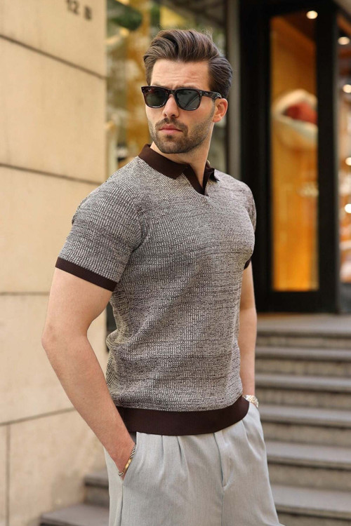 Kahverengi Polo Yaka Regular Fit Erkek Triko Tişört E7496