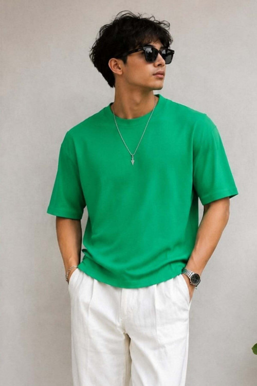 Erkek Parlak Yeşil Oversize Fit Basic Tişört 6066