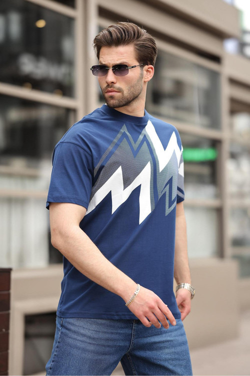 Lacivert Baskılı %100 Pamuk Erkek T-Shirt E7111