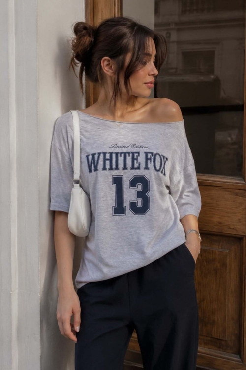 Karmelanj Kayık Yaka Oversize Baskılı Tişört Mg2824