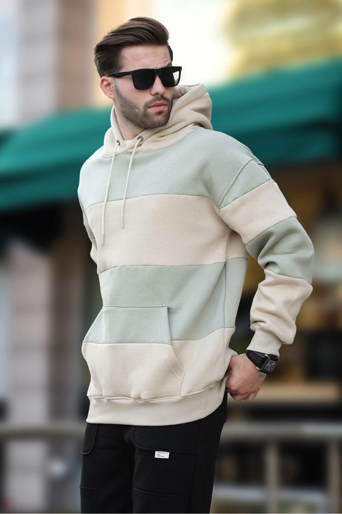 Bej Kapüşonlu Renk Bloklu Cep Detaylı Erkek Sweatshirt 7044