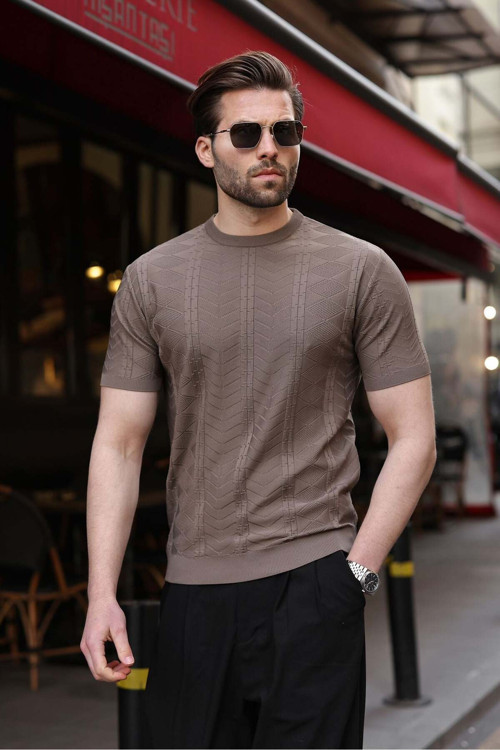 Açık Kahverengi Bisiklet Yaka Slim Fit Triko Erkek Tişört E7466