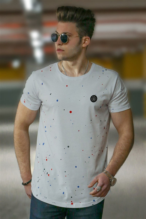 Püskürtme Desen Beyaz Erkek Tişört 4505