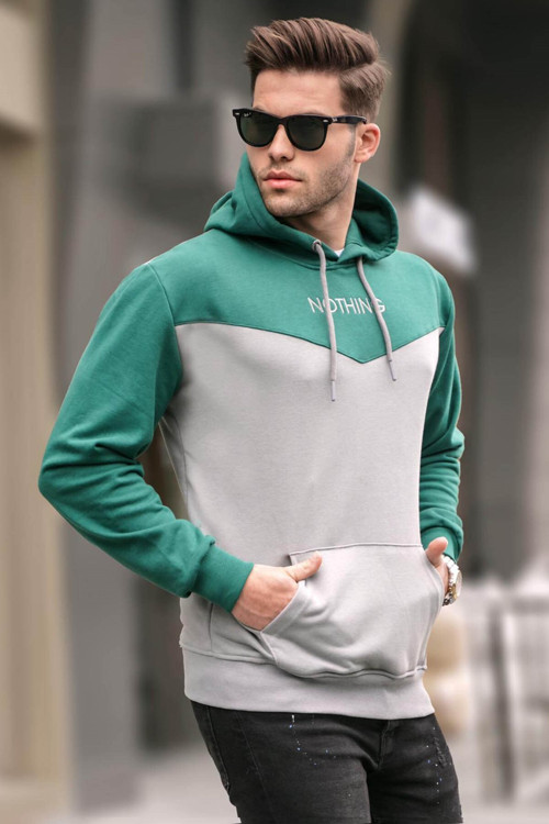 Gri Kapüşonlu Renk Bloklu Erkek Sweatshirt 6024
