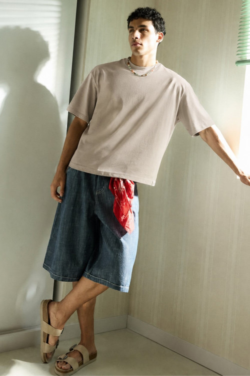 Erkek Taş Rengi Oversize Fit Basic Tişört 6066