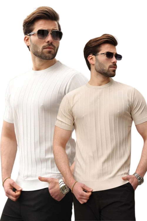 Beyaz-Bej 2'Li Set Erkek Triko Tişört St5684