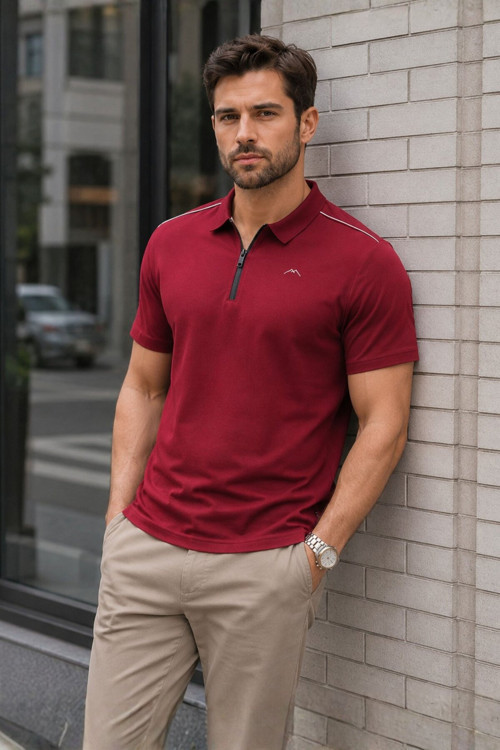 Erkek Bordo Basic Fermuarlı Polo Tişört 6076