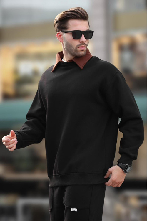 Siyah Polo Yaka Erkek Sweatshirt 7086