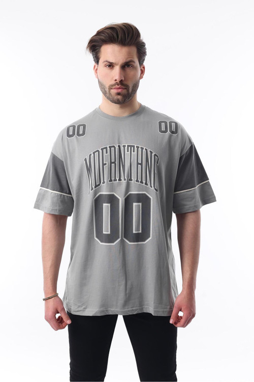 Boyalı Gri Baskılı Pamuklu Oversize Erkek T-Shirt 7035