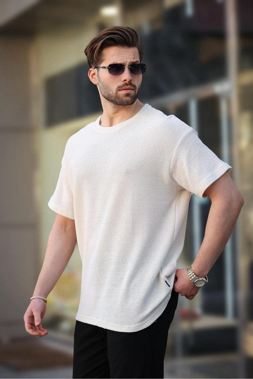 Ekru Bisiklet Yaka Oversize Erkek T-Shirt E7134