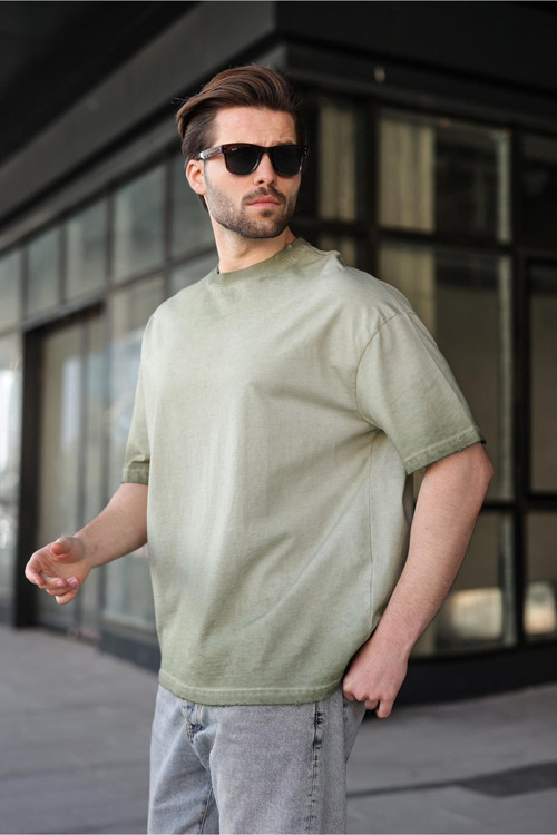 Haki %100 Pamuklu Bisiklet Yaka Oversize Erkek Tişört E7177