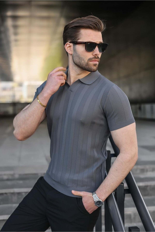 Antrasit Slim Fit Polo Yaka Triko Erkek Tişört E7491
