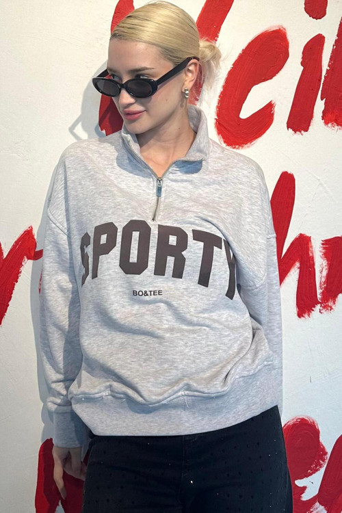Karmelanj Yarım Fermuarlı Baskılı Sweatshirt Mg2212