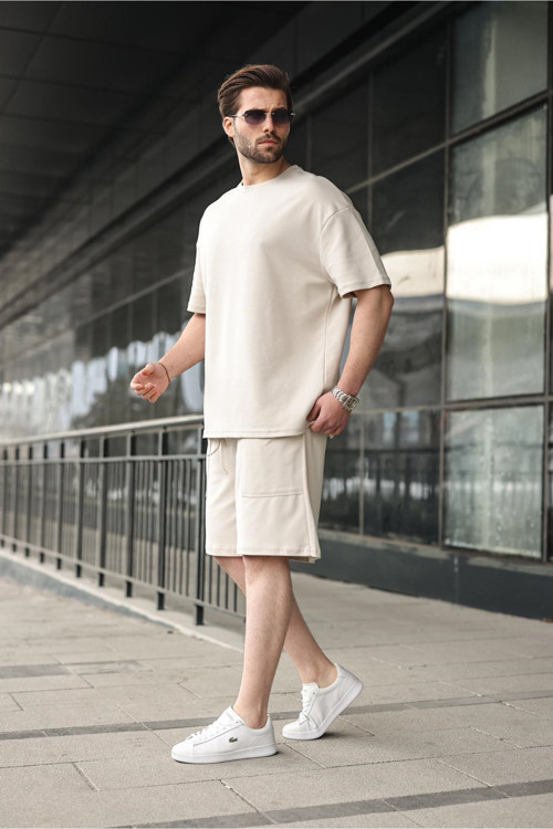 Taş Rengi Bisiklet Yaka Oversize Erkek Şort T-Shirt Takım E7355