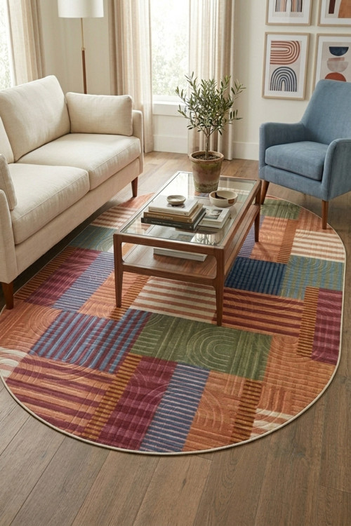 Oval Bohem Yıkanabilir Leke Tutmaz Modern Multi Renkli Özel Seri Kaymaz Taban Halı Kilim Yolluk Rcmultı_Klm_Yenımdl_Elıps_002