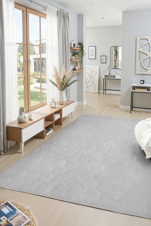 Premium Yıkanabilir Leke Tutmaz Yaprak Emboss Açık Gri Özel Seri Kaymaz Taban Halı Yolluk