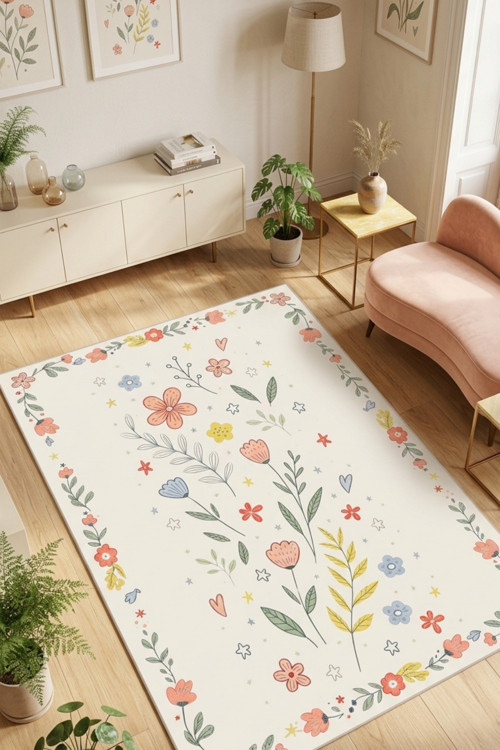 Krem Çiçek Desenli Salon Halısı Kaymaz Dijital Baskılı Bej Floral Yatak Odası Halısı