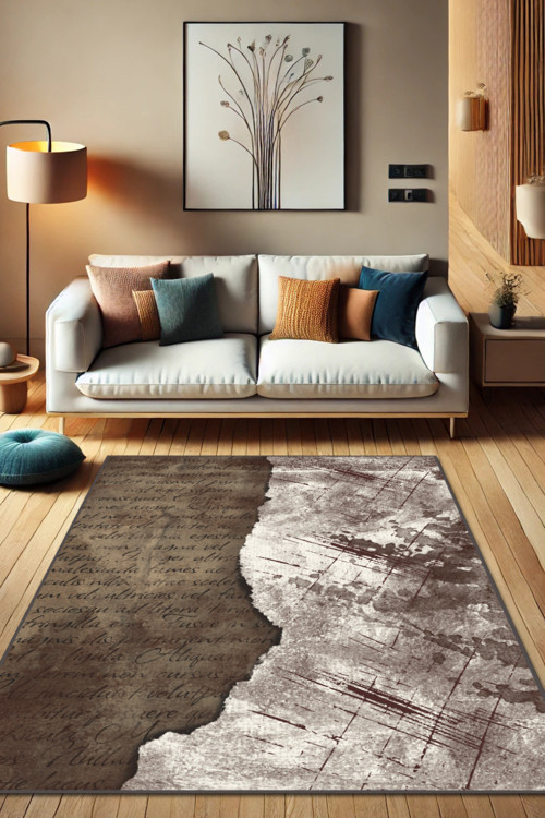 Kahverengi Modern Desenli Dokuma Tabanlı Kaymaz Çatlak Desenli Yıkanabilir Halı Salon Halısı