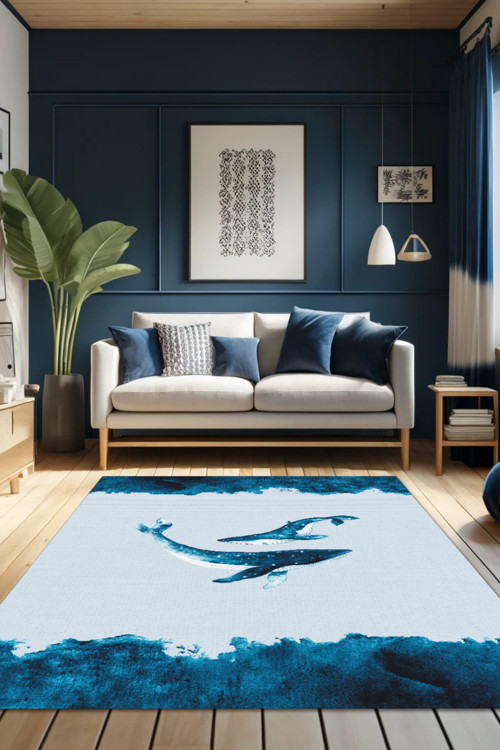 Balina Desenli Deniz ve Dalış Temalı Su Altı Deniz Altı Kaymaz Halı
